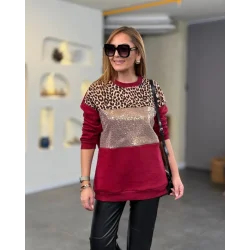Kadın üç Iplik şardonlu Kumaş Leopar Desenli Bluz
