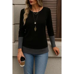 Kadın Uzun Kollu Açık Yuvarlak Yaka Blok Renkli Viskon Bluz