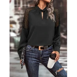 Kadın Uzun Kollu Anahtar Deliği Yaka Reglan Kol Dantel Detaylı Ithal Krep Bluz