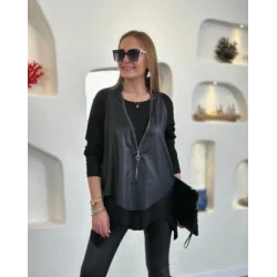 Kadın Uzun Kollu Asimetrik Kesim Viskon Bluz Ve çatlak Deri Görünümlü Yelek Ikili Takım