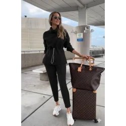 Kadın Uzun Kollu Balıkçı Yaka Belden Lastikli Modal Bluz Ve Pantolon Ikili Takım