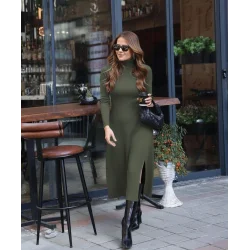 Kadın Uzun Kollu Balıkçı Yaka Derin Yırtmaç Detay Krep Elbise