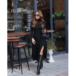 Kadın Uzun Kollu Balıkçı Yaka Derin Yırtmaç Detay Krep Elbise