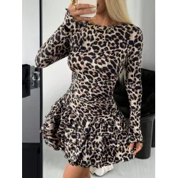 Kadın Uzun Kollu Balıkçı Yaka Fırfırlı Leopar Desenli Modal Elbise