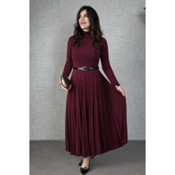 Kadın Uzun Kollu Balıkçı Yaka Kemersiz Pileli Uzun Sandy Elbise