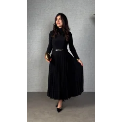 Kadın Uzun Kollu Balıkçı Yaka Kemersiz Pileli Uzun Sandy Elbise