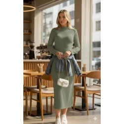 Kadın Uzun Kollu Balıkçı Yakalı Yanlardan Yırtmaçlı Kaşkorse Maxi Elbise