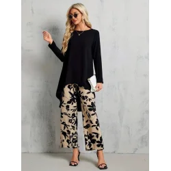 Kadın Uzun Kollu Bisiklet Yaka Asimetrik Kesim Detaylı Viskon Bluz Ve çiçek Desenli Iki Iplik Pantolon