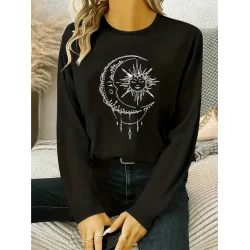 Kadın Uzun Kollu Bisiklet Yaka Ay Baskılı Viskon Bluz