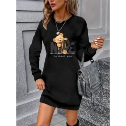 Kadın Uzun Kollu Bisiklet Yaka Ayı Desenli Viskon Iki Iplik Elbise