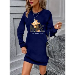 Kadın Uzun Kollu Bisiklet Yaka Ayı Desenli Viskon Iki Iplik Elbise