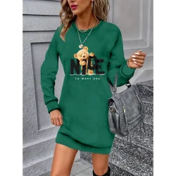 Kadın Uzun Kollu Bisiklet Yaka Ayı Desenli Viskon Iki Iplik Elbise