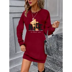 Kadın Uzun Kollu Bisiklet Yaka Ayı Desenli Viskon Iki Iplik Elbise