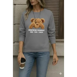 Kadın Uzun Kollu Bisiklet Yaka Ayıcık Desenli Viskon Iki Iplik Bluz