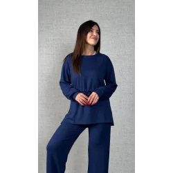 Kadın Uzun Kollu Bisiklet Yaka Belden Büzgülü Bağcıklı Viskon Iki Iplik Bluz Ve Pantolon Ikili Takım