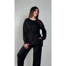 Kadın Uzun Kollu Bisiklet Yaka Belden Büzgülü Bağcıklı Viskon Iki Iplik Bluz Ve Pantolon Ikili Takım