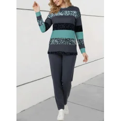 Kadın Uzun Kollu Bisiklet Yaka çizgili Desen Iki Iplik Bluz Ve Pantolon Ikili Takım