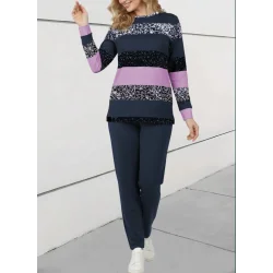 Kadın Uzun Kollu Bisiklet Yaka çizgili Desen Iki Iplik Bluz Ve Pantolon Ikili Takım