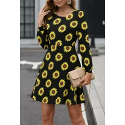 Kadın Uzun Kollu Bisiklet Yaka Desenli Kısa Krep Elbise