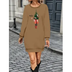 Kadın Uzun Kollu Bisiklet Yaka Desenli Kısa Viskon Iki Iplik Elbise