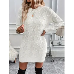 Kadın Uzun Kollu Bisiklet Yaka Desenli Triko Elbise