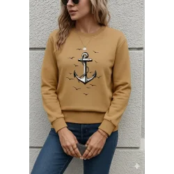 Kadın Uzun Kollu Bisiklet Yaka Desenli Viskon Iki Iplik Bluz