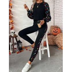 Kadın Uzun Kollu Bisiklet Yaka Desenli Viskon Iki Iplik Bluz Ve Pantolon Ikili Takım