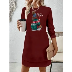 Kadın Uzun Kollu Bisiklet Yaka Desenli Viskon Iki Iplik Elbise