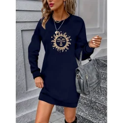 Kadın Uzun Kollu Bisiklet Yaka Güneş Desenli Viskon Iki Iplik Elbise