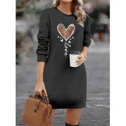 Kadın Uzun Kollu Bisiklet Yaka Kalp Desenli Kısa Viskon Elbise