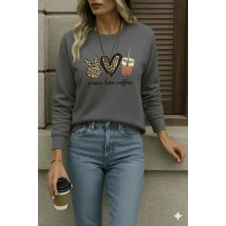 Kadın Uzun Kollu Bisiklet Yaka Kalp Desenli Viskon Iki Iplik Bluz