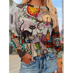 Kadın Uzun Kollu Bisiklet Yaka Kedi Baskılı Süprem Bluz