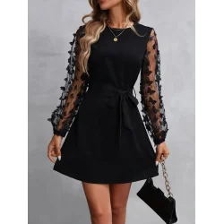 Kadın Uzun Kollu Bisiklet Yaka Kollar Tül Kelebek Detaylı Ithal Krep Elbise