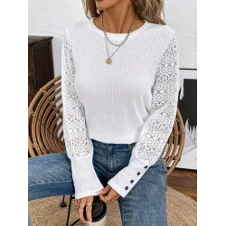 Kadın Uzun Kollu Bisiklet Yaka Kolları Tüllü Waffle Bluz