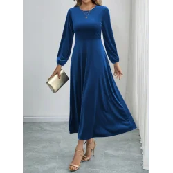 Kadın Uzun Kollu Bisiklet Yaka Midi Kadife Mavi Elbise