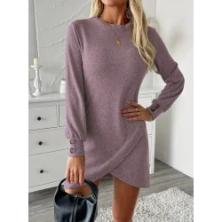 Kadın Uzun Kollu Bisiklet Yaka önden Asimetrik Kesim Detaylı Mini Yumoş Elbise