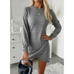 Kadın Uzun Kollu Bisiklet Yaka önden Asimetrik Kesim Detaylı Mini Yumoş Elbise