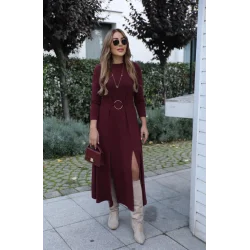 Kadın Uzun Kollu Bisiklet Yaka önden Halka Detaylı Yırtmaçlı Uzun Viskon Iki Iplik Elbise