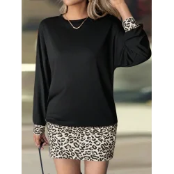 Kadın Uzun Kollu Bisiklet Yaka üst Viskon Iki Iplik Alt Leopar Desenli Mini Elbise