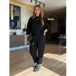 Kadın Uzun Kollu Bisiklet Yaka Viskon Iki Iplik Bluz Ve Pantolon Ikili Takım