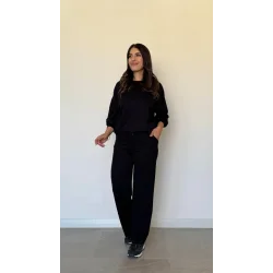 Kadın Uzun Kollu Bisiklet Yaka Viskon Iki Iplik Bluz Ve Pantolon Ikili Takım