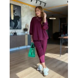 Kadın Uzun Kollu Bisiklet Yaka Viskon Iki Iplik Mor Bluz Ve Pantolon Ikili Takım