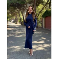 Kadın Uzun Kollu Bisiklet Yaka Yandan Bağlamalı Uzun Modal Elbise