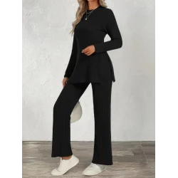 Kadın Uzun Kollu Bisiklet Yaka Yandan Yırtmaçlı şardonlu Kaşkorse Bluz Ve Pantolon Ikili Takım