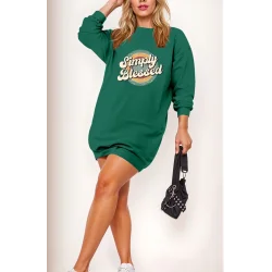 Kadın Uzun Kollu Bisiklet Yaka Yazılı Viskon Iki Iplik Elbise