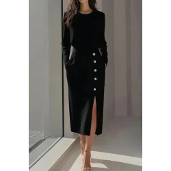 Kadın Uzun Kollu Bisiklet Yakalı Yandan Yırtmaçlı Düğmeli Midi Ithal Krep Elbise