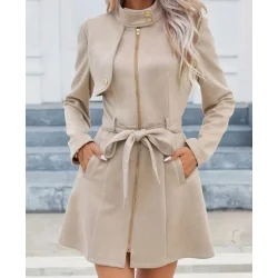 Kadın Uzun Kollu Boyundan Düğmeli Fermuarlı Beli Kuşaklı Süet Ceket