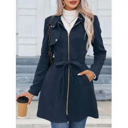 Kadın Uzun Kollu Boyundan Düğmeli Fermuarlı Beli Kuşaklı Süet Ceket