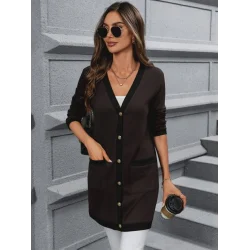 Kadın Uzun Kollu Cepli önden Düğmeli Uzun Modal Ceket Hırka