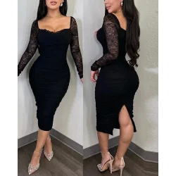 Kadın Uzun Kollu Dantelli Büzgü Detaylı Yırtmaçlı Midi Sandy Elbise